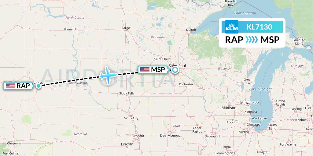 KL7130 KLM Flight Map: Rapid City to Minneapolis