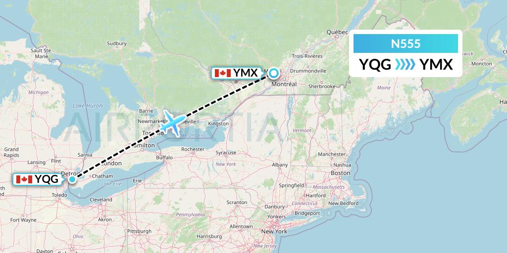 N555 Nolinor Aviation Flight Map: Windsor to Montreal