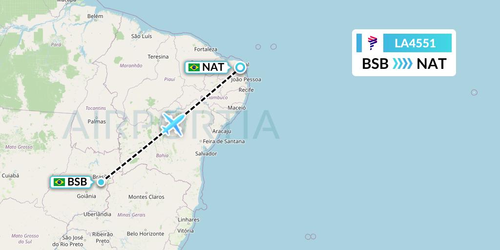 LA4551 LAN Airlines Flight Map: Brasilia to Natal
