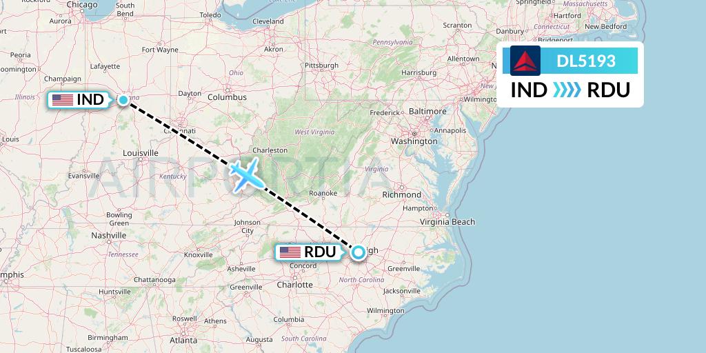 DL5193 Delta Air Lines Flight Map: Indianapolis to Raleigh-Durham