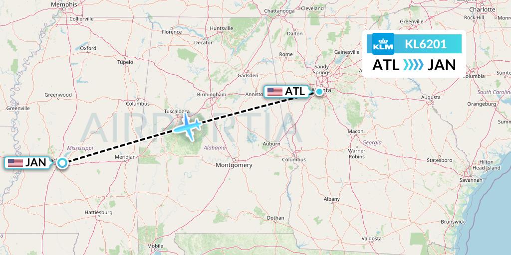 KL6201 KLM Flight Map: Atlanta to Jackson