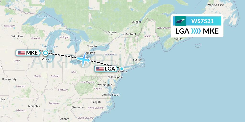 WS7521 WestJet Flight Map: New York to Milwaukee