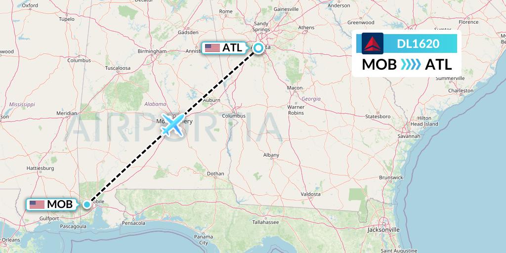 DL1620 Delta Air Lines Flight Map: Mobile to Atlanta