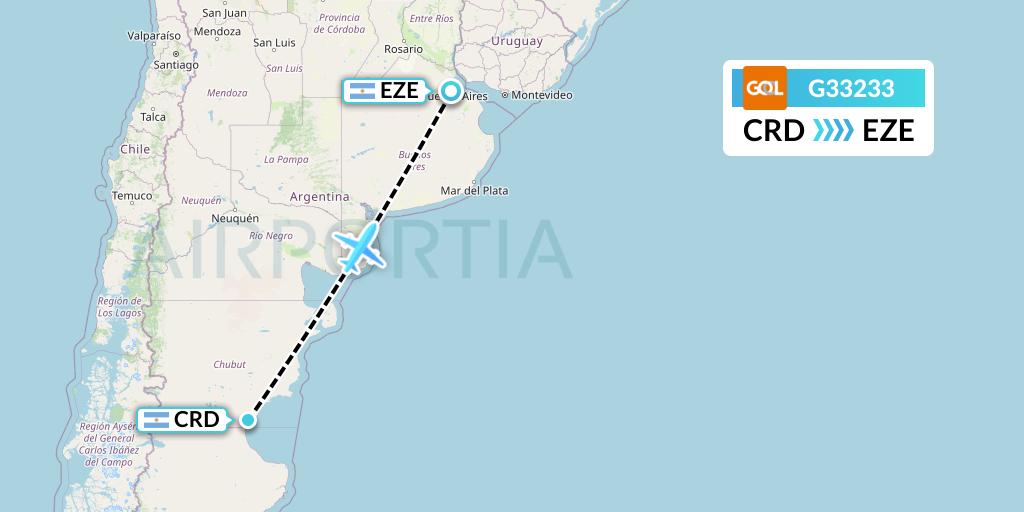 G33233 GOL Transportes Aeros Flight Map: Comodoro Rivadavia to Buenos Aires