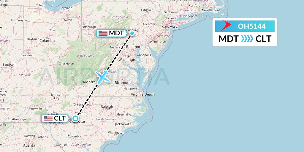 OH5144 PSA Airlines Flight Map: Harrisburg to Charlotte