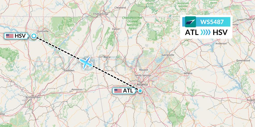 WS5487 WestJet Flight Map: Atlanta to Huntsville
