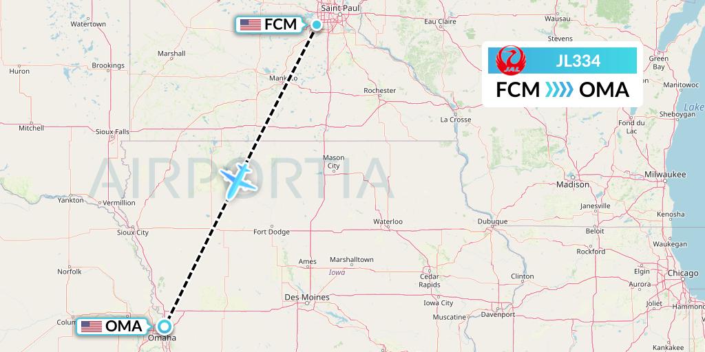 JL334 Japan Airlines Flight Map: Minneapolis to Omaha