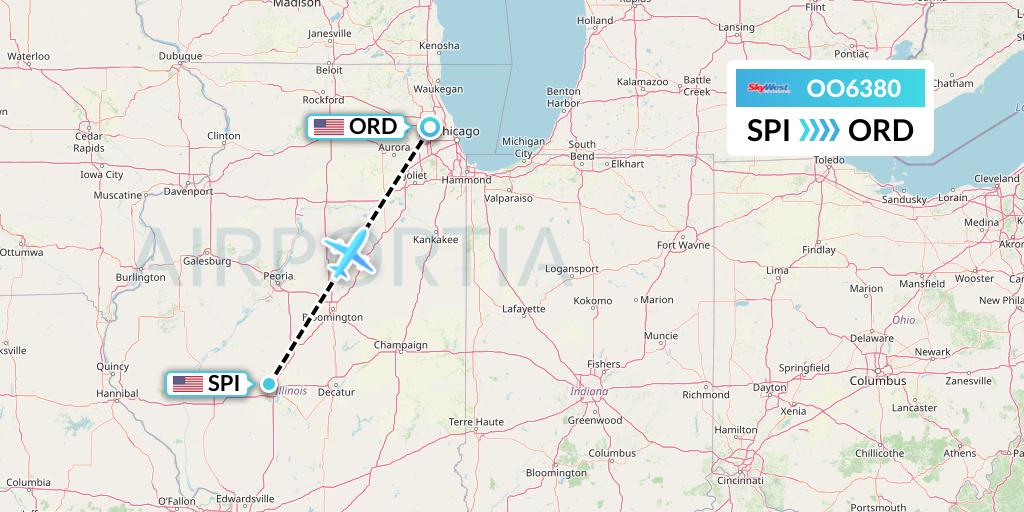 OO6380 SkyWest Airlines Flight Map: Springfield to Chicago