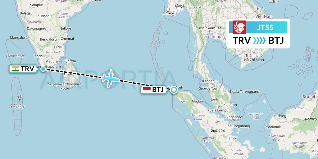 JT55 Lion Airlines Flight Map: Thiruvananthapuram to Banda Aceh