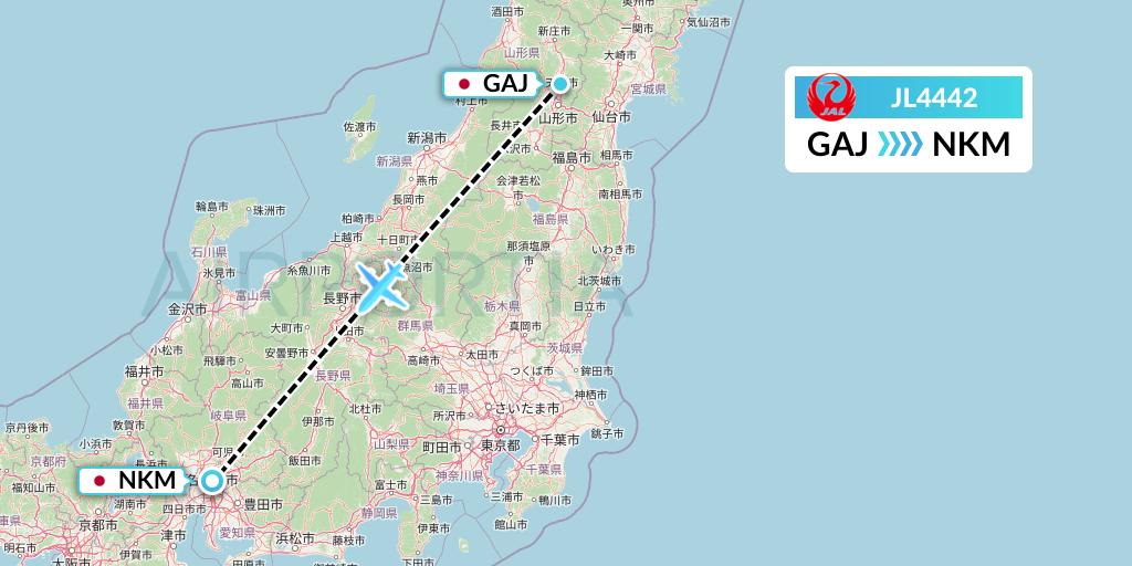 JL4442 Japan Airlines Flight Map: Yamagata to Nagoya