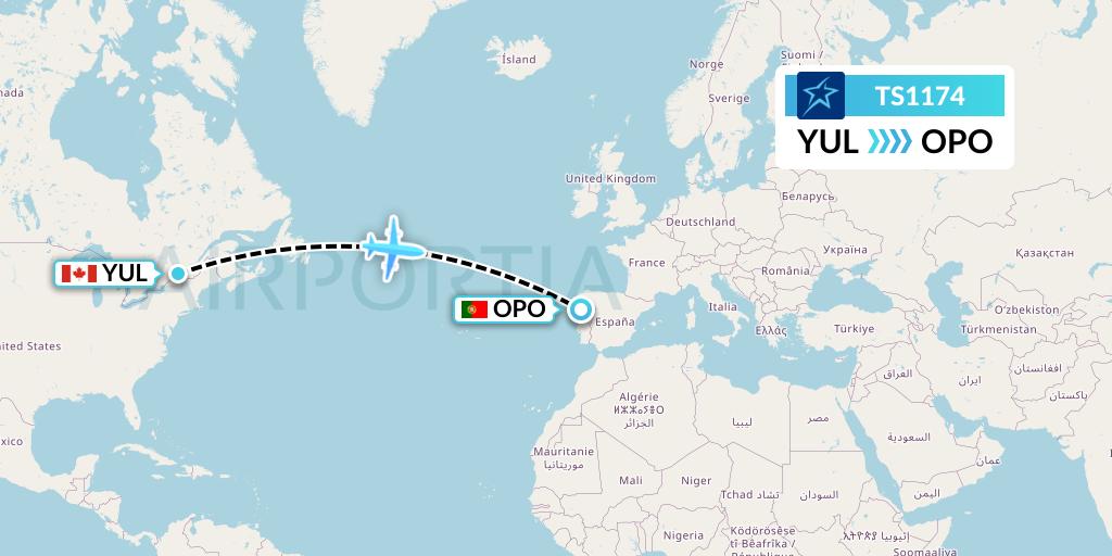 TS1174 Air Transat Flight Map: Montreal to Porto