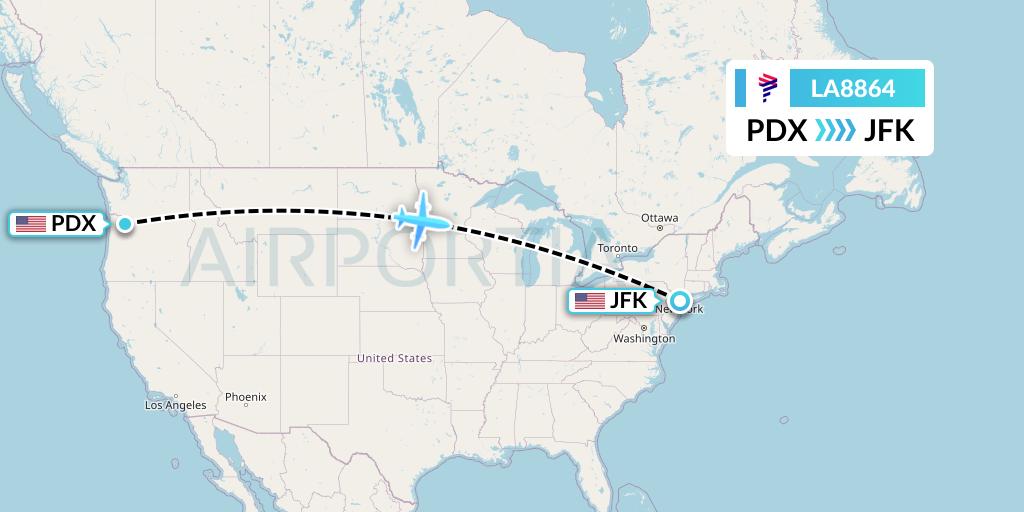 LA8864 LAN Airlines Flight Map: Portland to New York