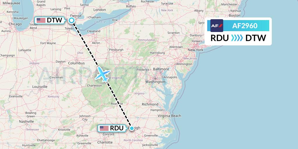 AF2960 Air France Flight Map: Raleigh-Durham to Detroit