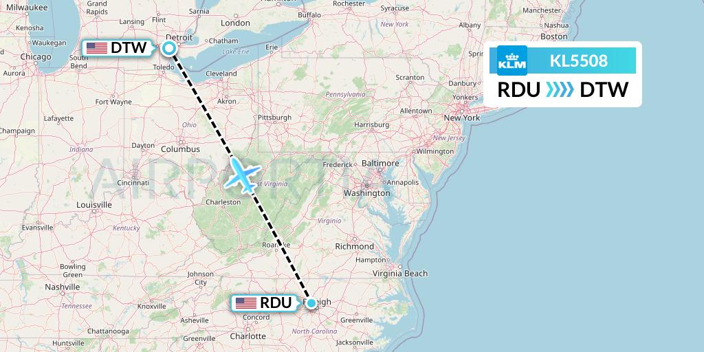 KL5508 KLM Flight Map: Raleigh-Durham to Detroit