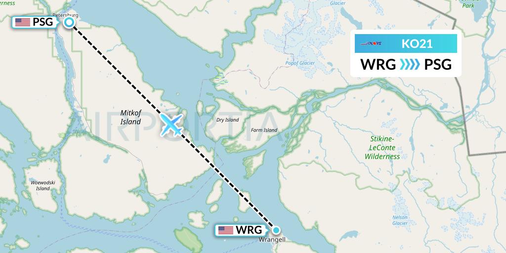 KO21 Komiaviatrans Flight Map: Wrangell to Petersburg