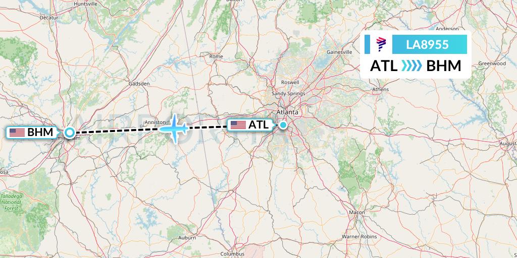 LA8955 LAN Airlines Flight Map: Atlanta to Birmingham