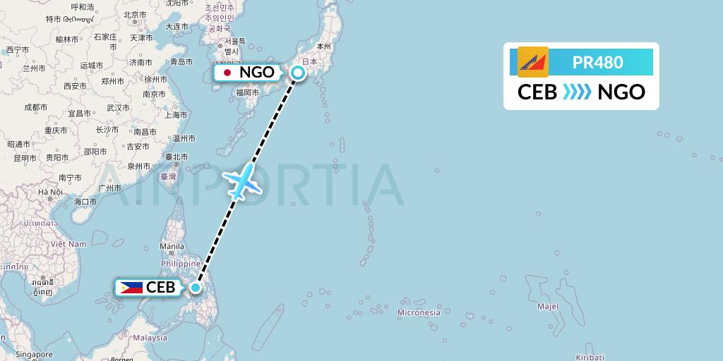 PR480 Philippine Airlines Flight Map: Cebu to Nagoya