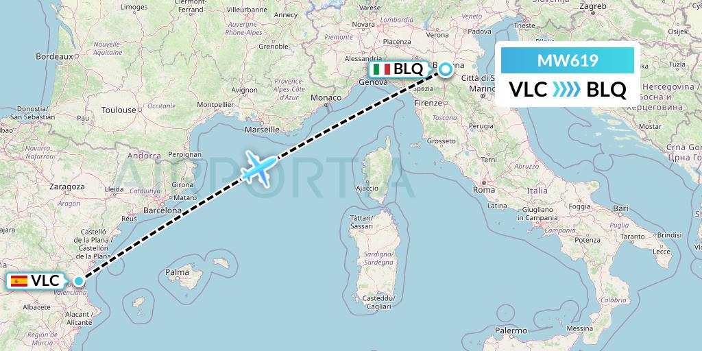 MW619 Mokulele Flight Service Flight Map: Valencia to Bologna