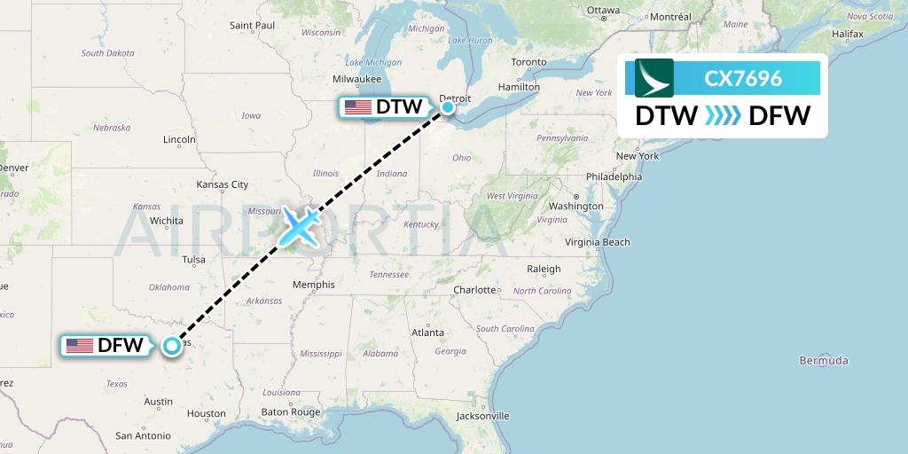 CX7696 Cathay Pacific Flight Map: Detroit to Dallas