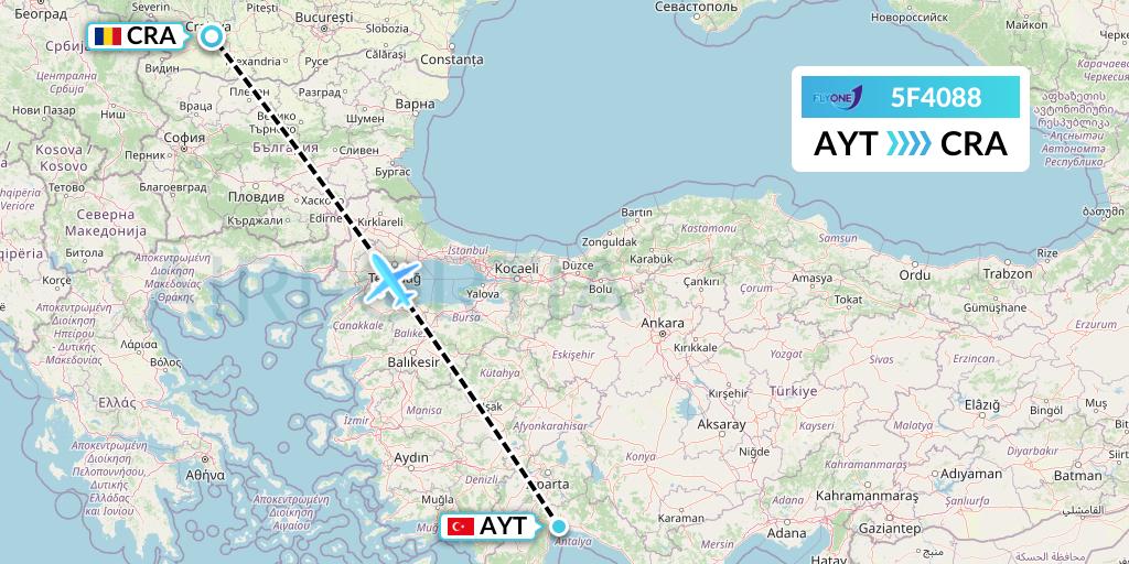 5F4088 Fly One Flight Map: Antalya to Craiova