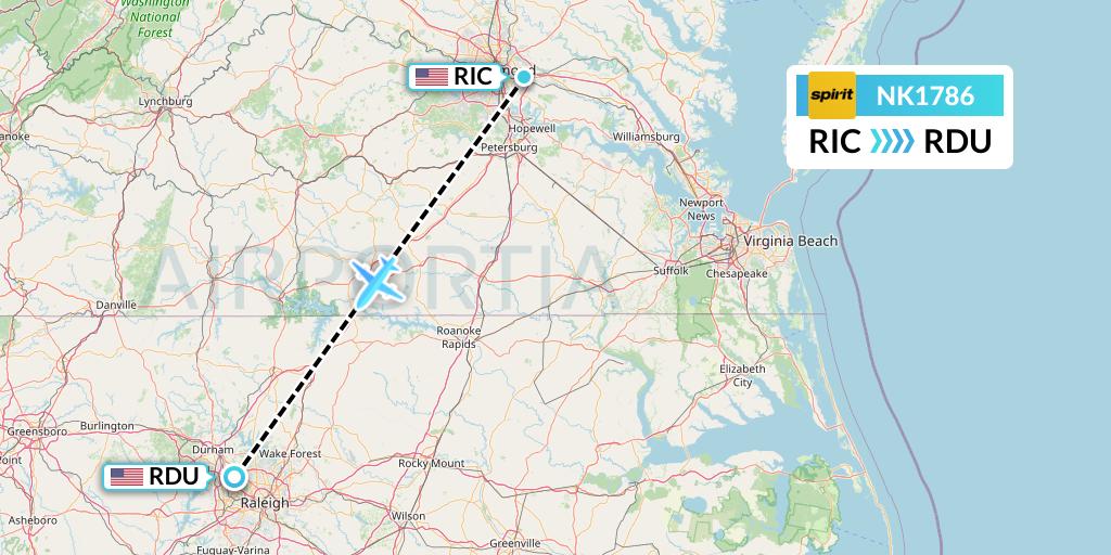 NK1786 Spirit Airlines Flight Map: Richmond to Raleigh-Durham