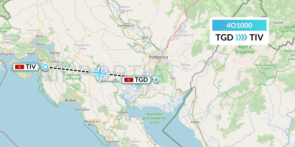 4O1000 Air Montenegro Flight Map: Podgorica to Tivat