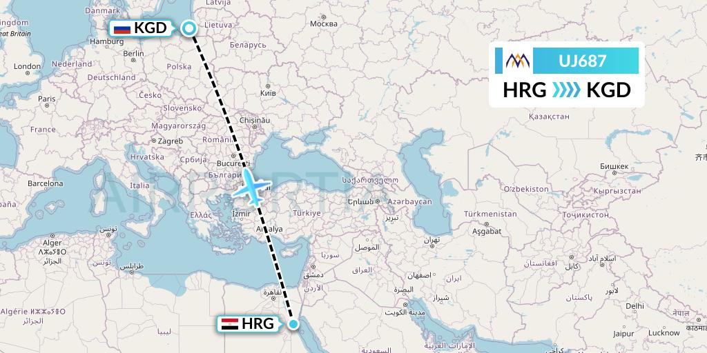 UJ687 AlMasria Universal Airlines Flight Map: Hurghada to Kaliningrad
