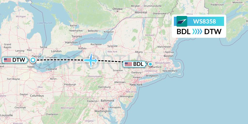 WS8358 WestJet Flight Map: Windsor Locks to Detroit