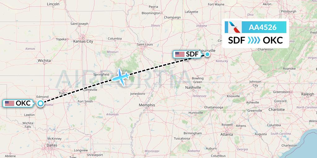 AA4526 American Airlines Flight Map: Louisville to Oklahoma City