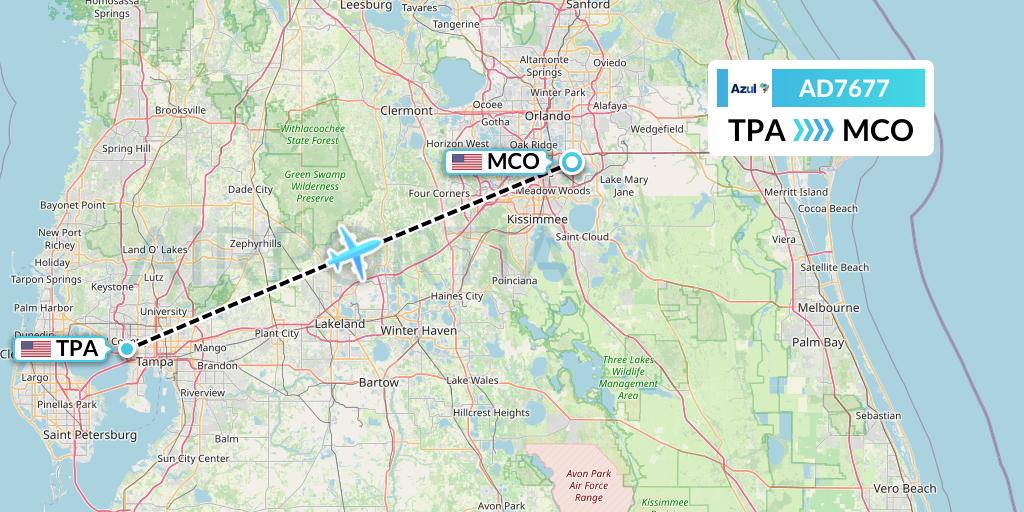 AD7677 Azul Brazilian Airlines Flight Map: Tampa to Orlando