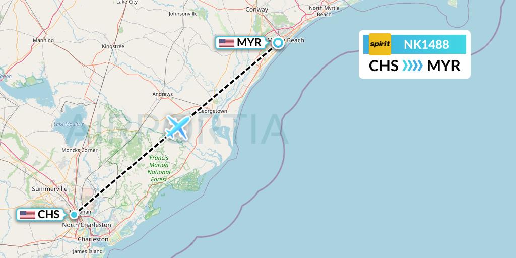 NK1488 Spirit Airlines Flight Map: Charleston to Myrtle Beach