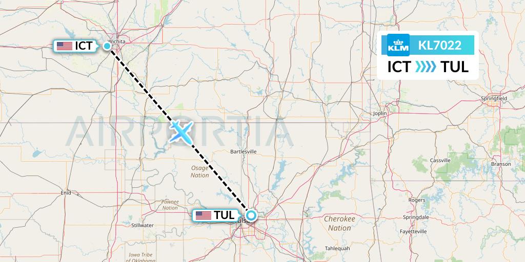 KL7022 KLM Flight Map: Wichita to Tulsa