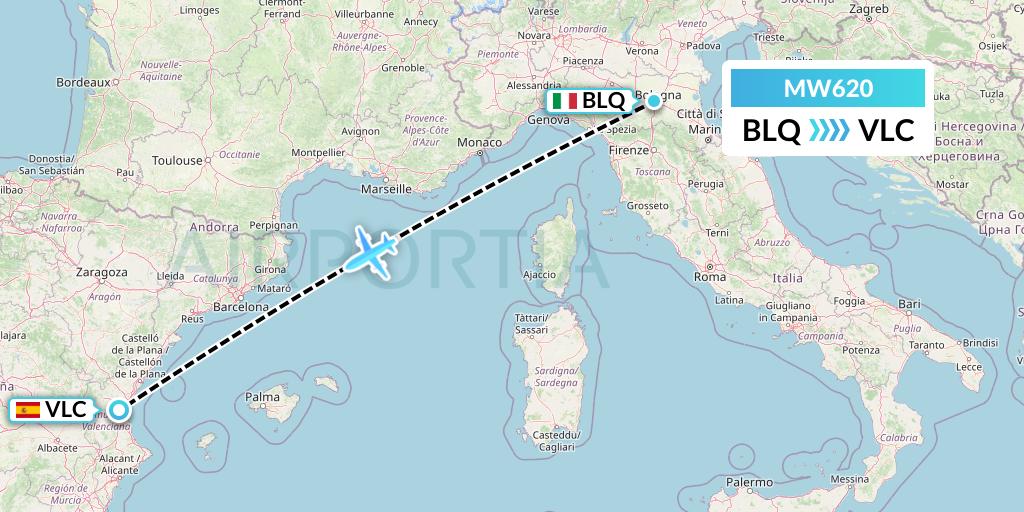 MW620 Mokulele Flight Service Flight Map: Bologna to Valencia