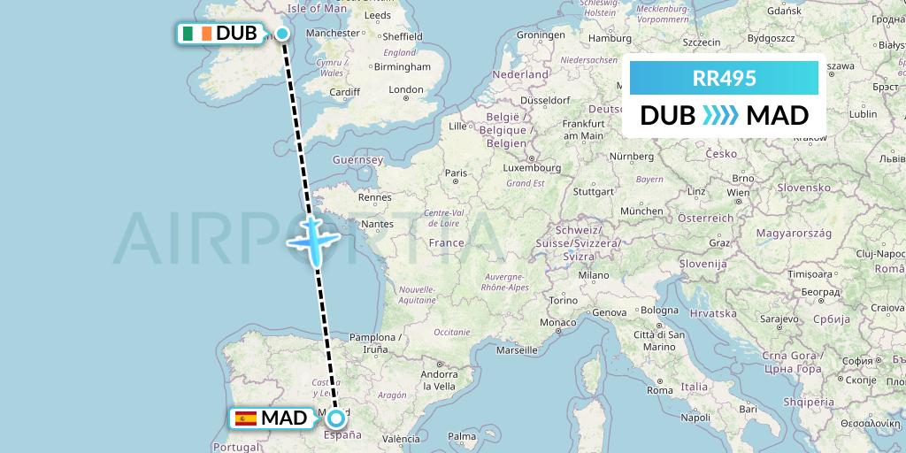 RR495 Royal Air Force Flight Map: Dublin to Madrid