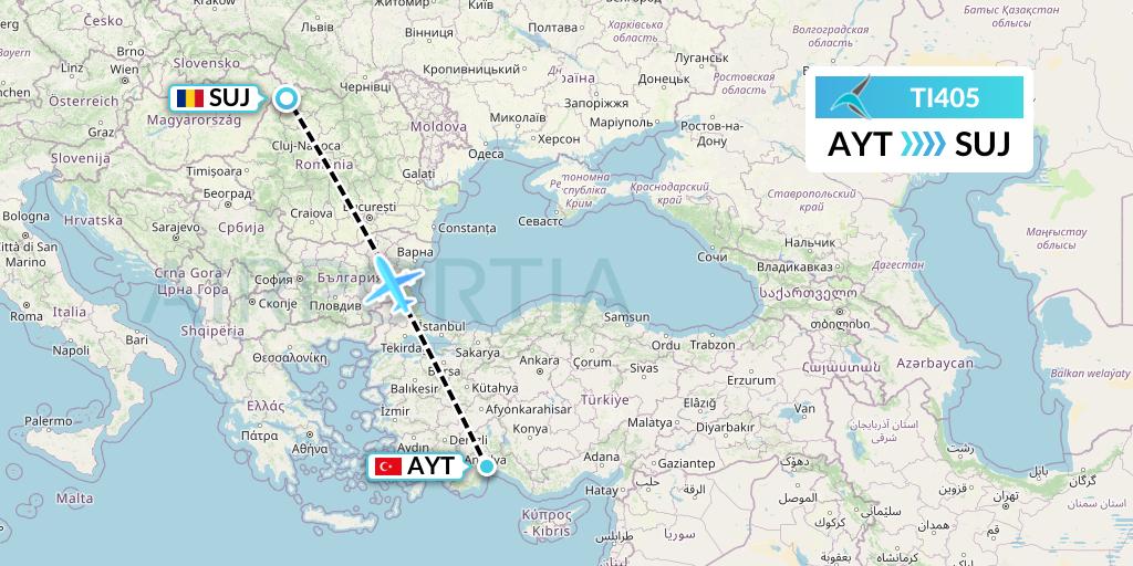 TI405 Tailwind Airlines Flight Map: Antalya to Satu Mare