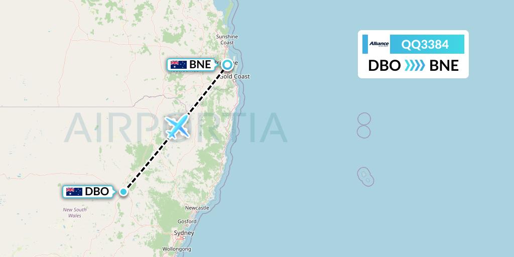 QQ3384 Alliance Airlines Flight Map: Dubbo to Brisbane