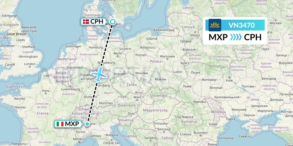 VN3470 Vietnam Airlines Flight Map: Milan to Copenhagen