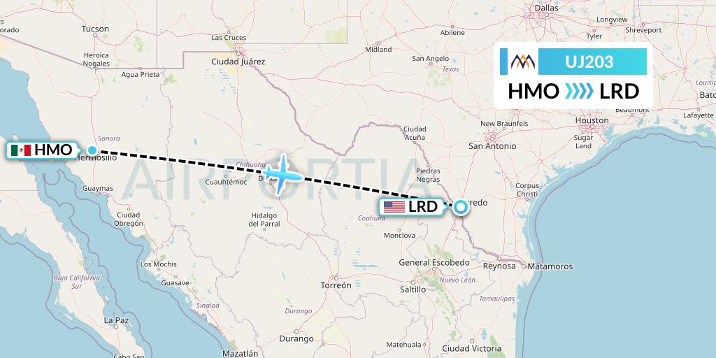 UJ203 AlMasria Universal Airlines Flight Map: Hermosillo to Laredo