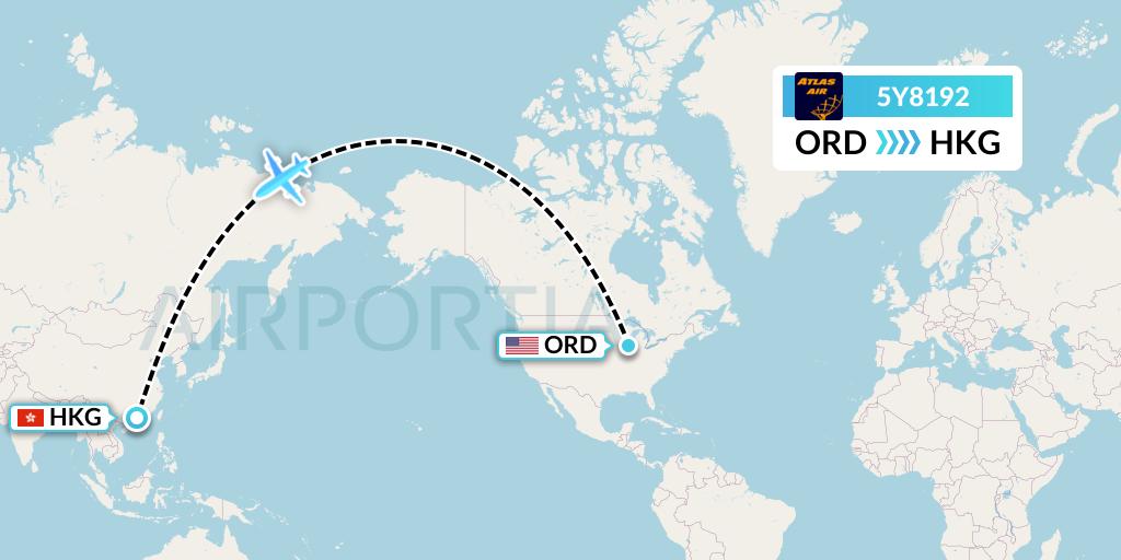 5Y8192 Atlas Air Flight Map: Chicago to Hong Kong