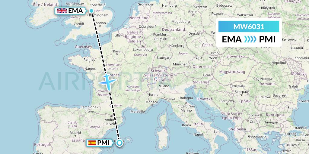 MW6031 Mokulele Flight Service Flight Map: East Midlands to Palma de Mallorca