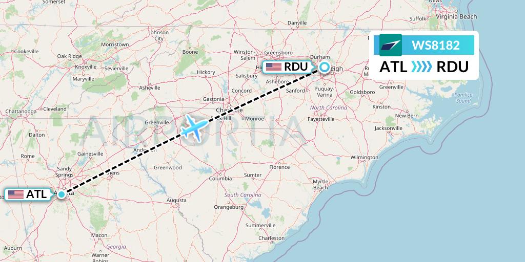 WS8182 WestJet Flight Map: Atlanta to Raleigh-Durham