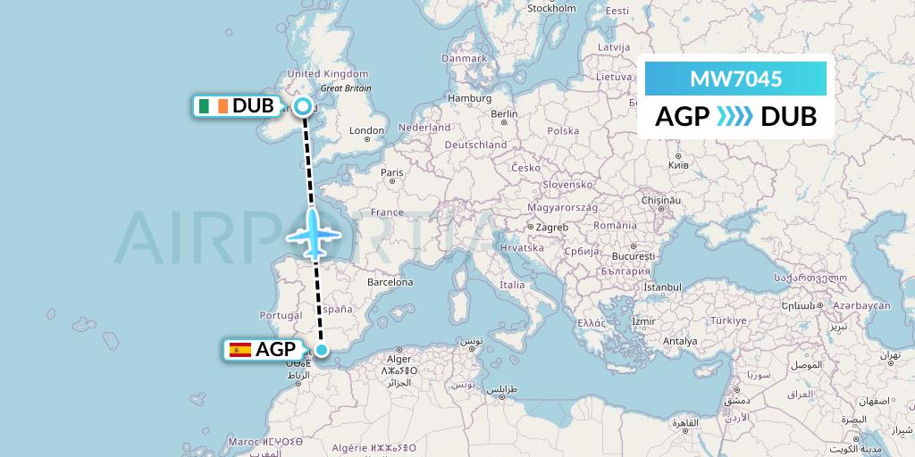 MW7045 Mokulele Flight Service Flight Map: Malaga to Dublin