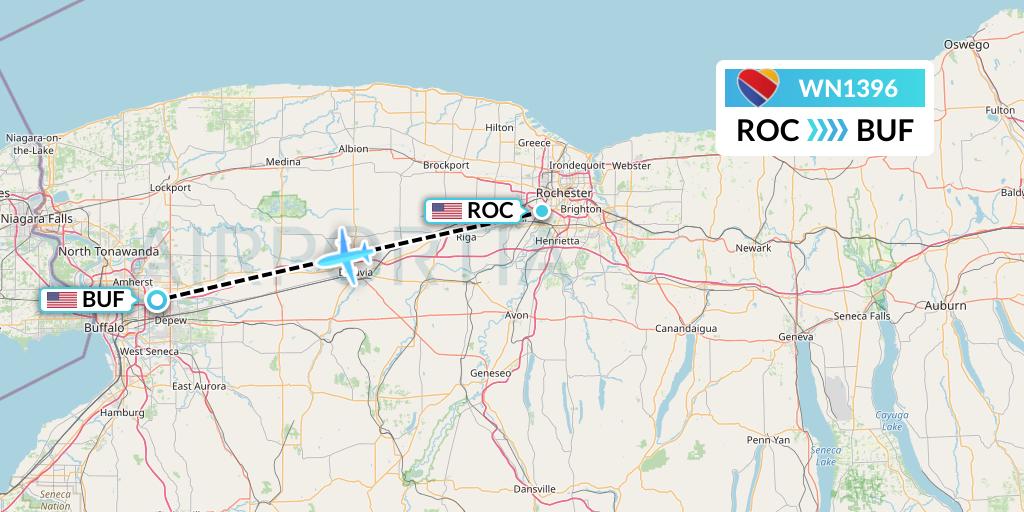 WN1396 Southwest Airlines Flight Map: Rochester to Buffalo