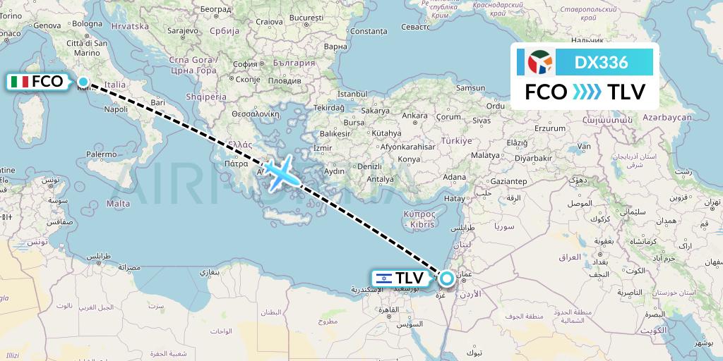 DX336 Danish Air Transport Flight Map: Rome to Tel Aviv