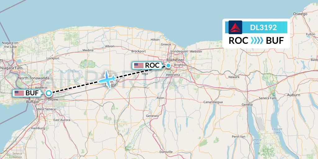 DL3192 Delta Air Lines Flight Map: Rochester to Buffalo