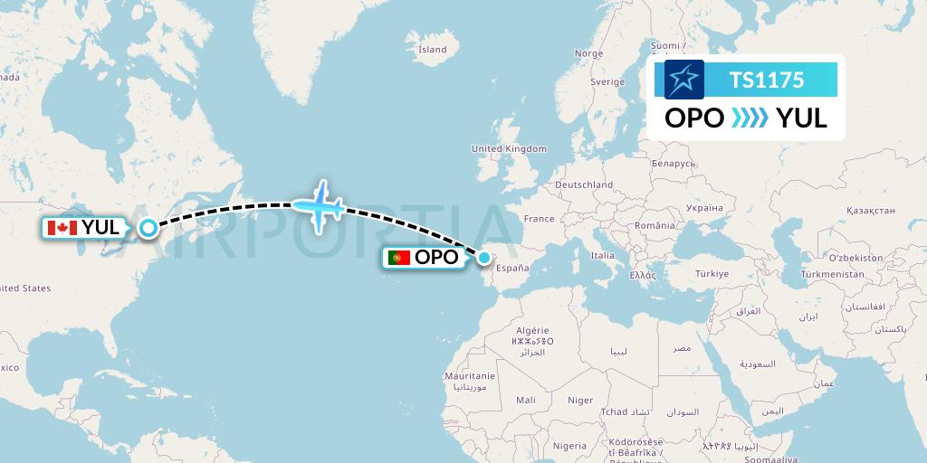 TS1175 Air Transat Flight Map: Porto to Montreal
