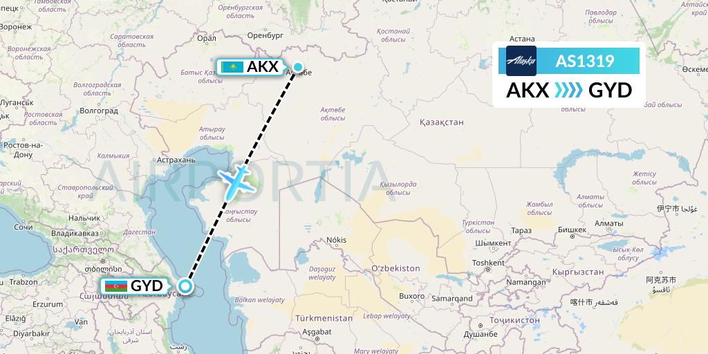 AS1319 Alaska Airlines Flight Map: Aktobe to Baku