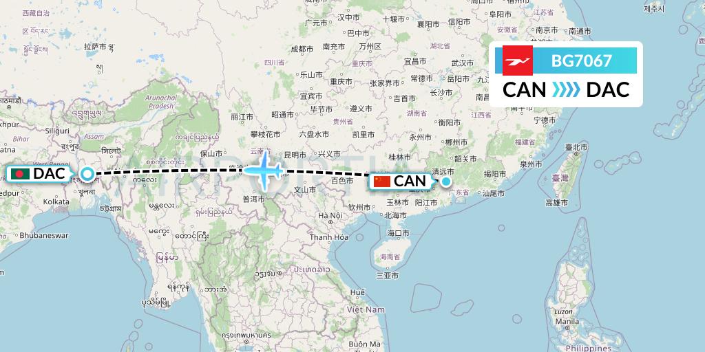 BG7067 Biman Bangladesh Airlines Flight Map: Guangzhou to Dhaka