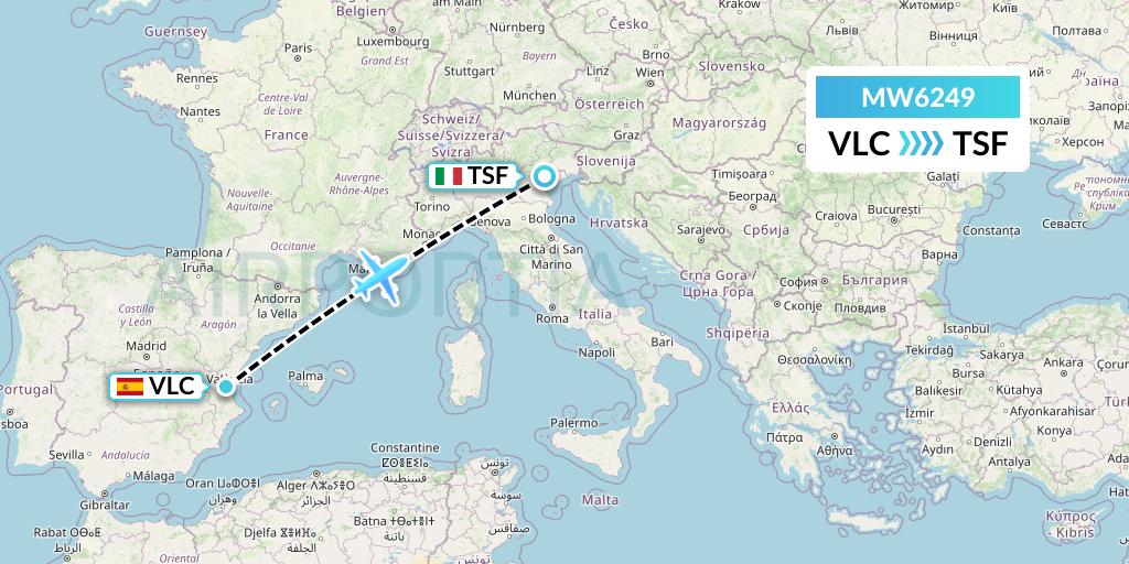 MW6249 Mokulele Flight Service Flight Map: Valencia to Treviso
