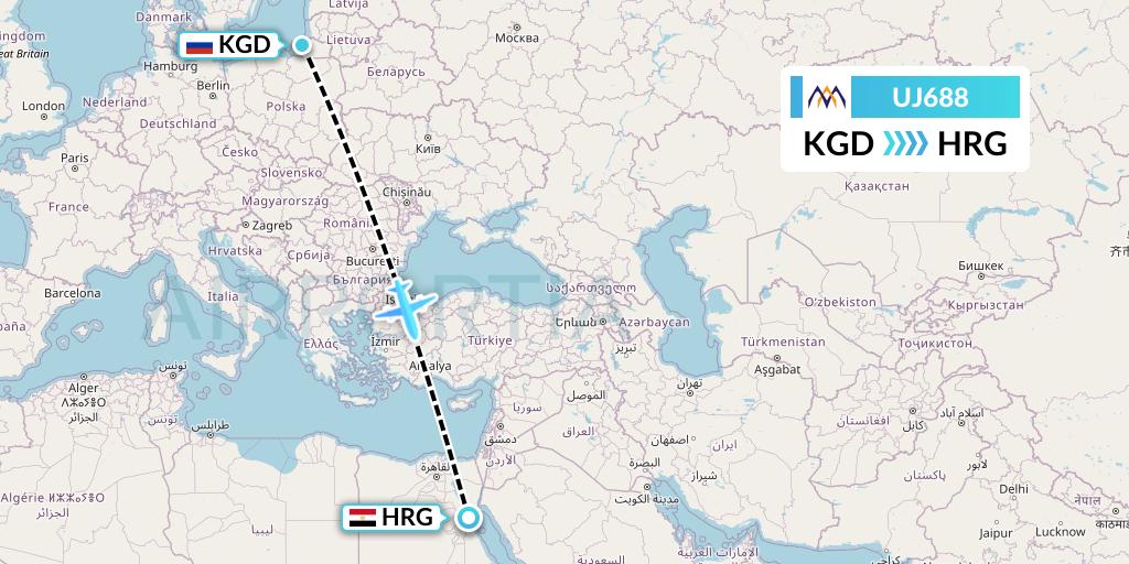 UJ688 AlMasria Universal Airlines Flight Map: Kaliningrad to Hurghada